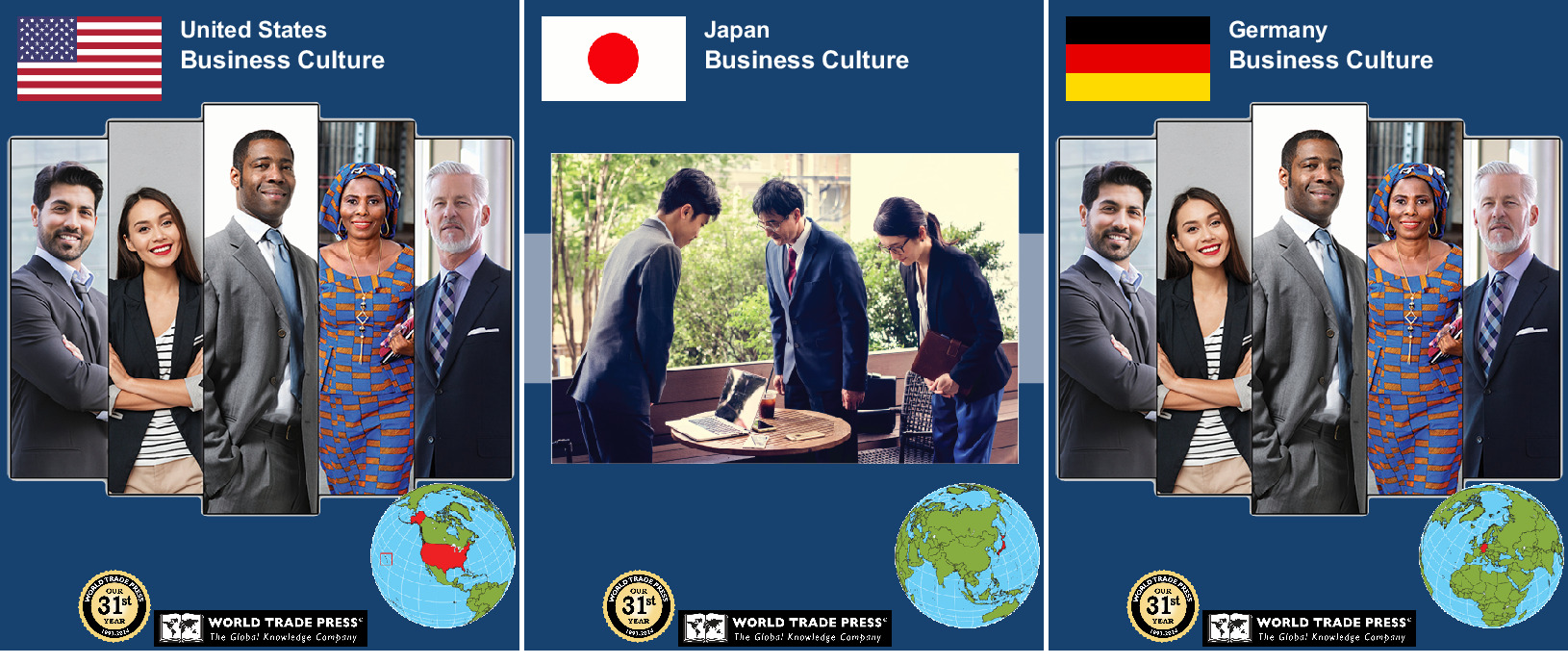 A collage of business guide covers for various countries