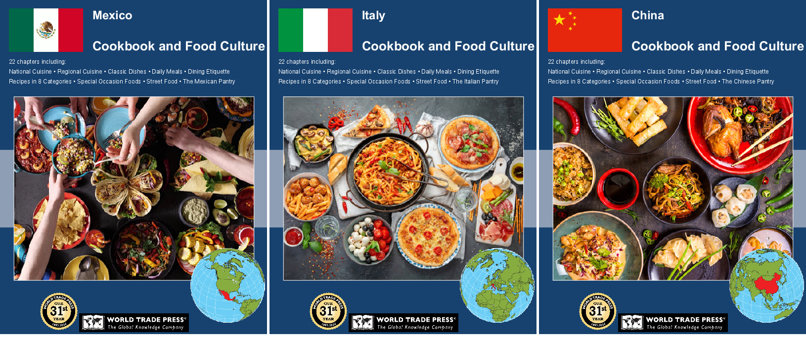 Acollage of our cookbook covers from Azerbaijan, Italy, and Mexico