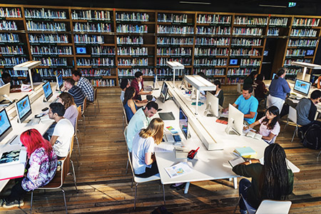 People using computers at a library