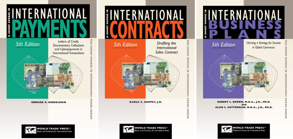 A collage of three book covers: International Payments, International Business Plans, and International Contracts